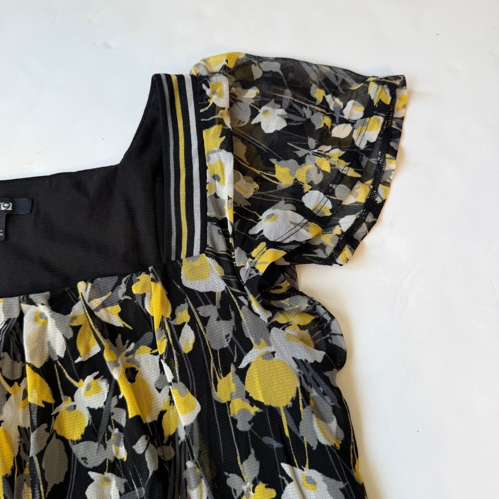 Apt 9 Floral Mesh Babydoll Top Black Yellow Y2K Whimsigoth Ruffle Cap Sleeve S - Picture 4 of 6